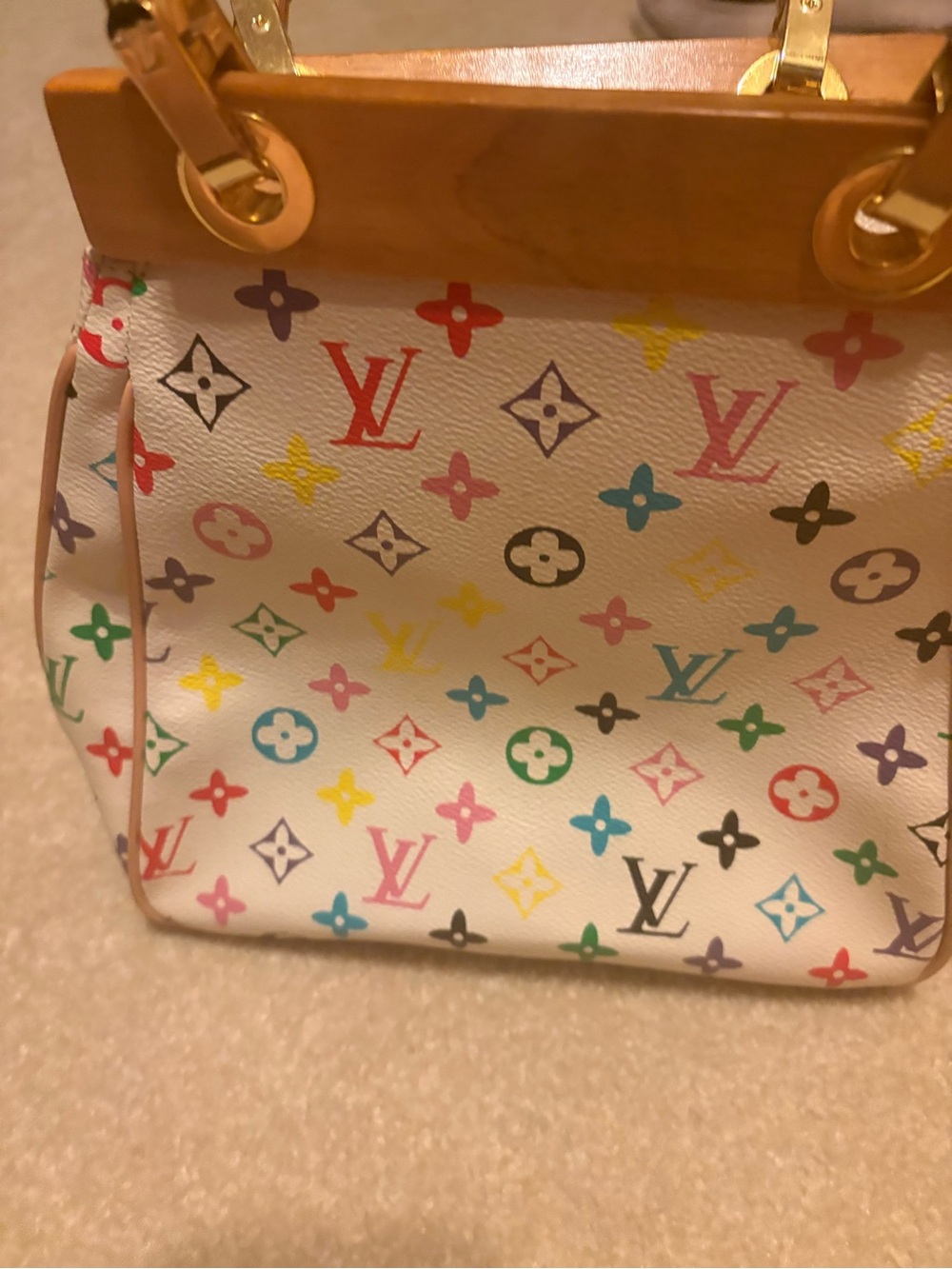 Louis Vuitton Multicolor Monogram White Canvas Shoulder Bag with Wood Trim